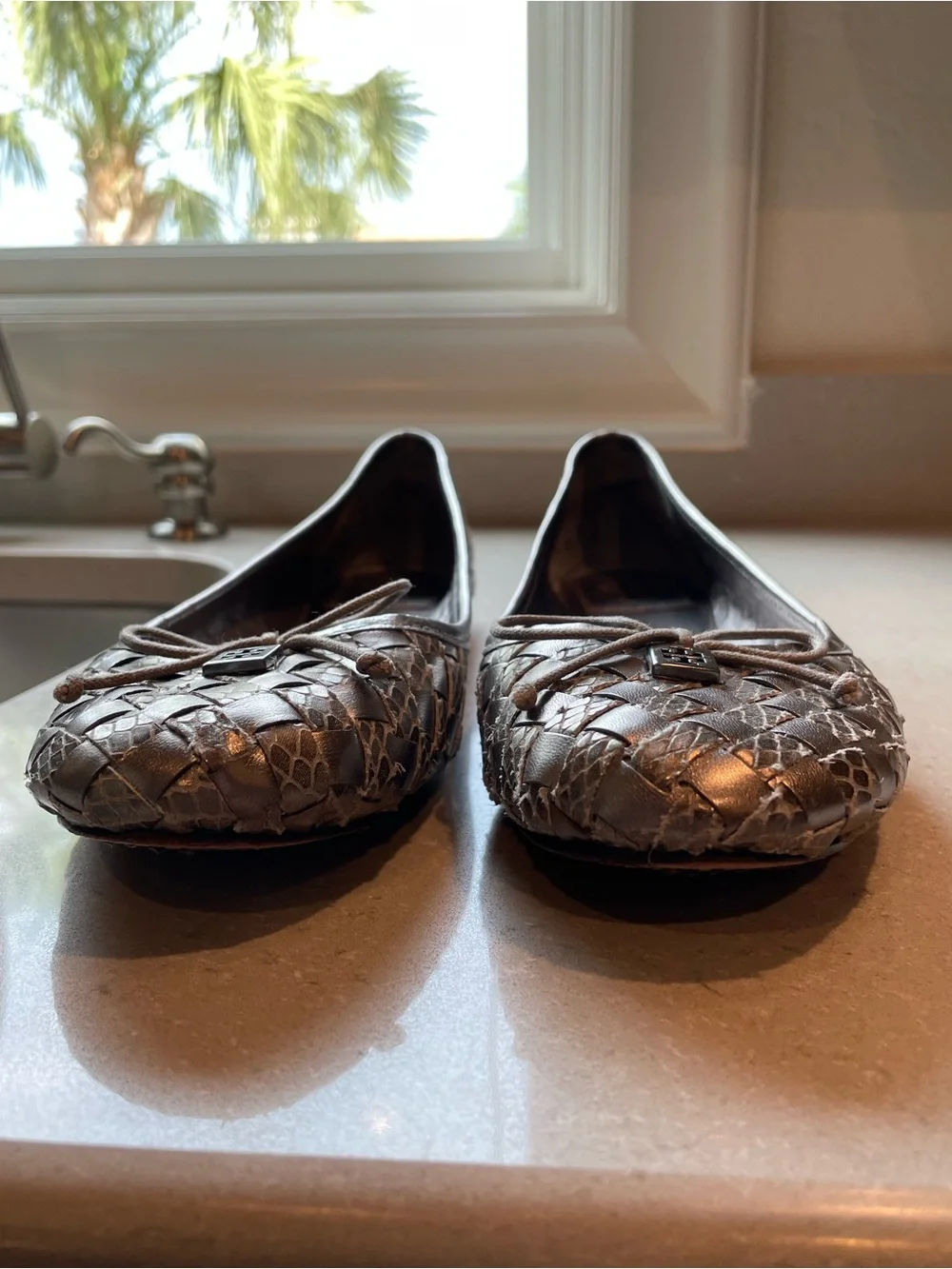 Tory Burch Silver Woven Leather Ballet Flats with Logo Charm